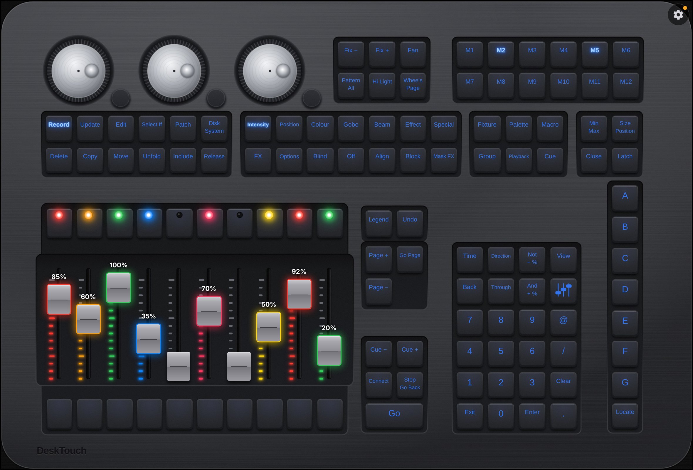 DeskTouch en el iPad: faders con colores halo, teclas y ruedas